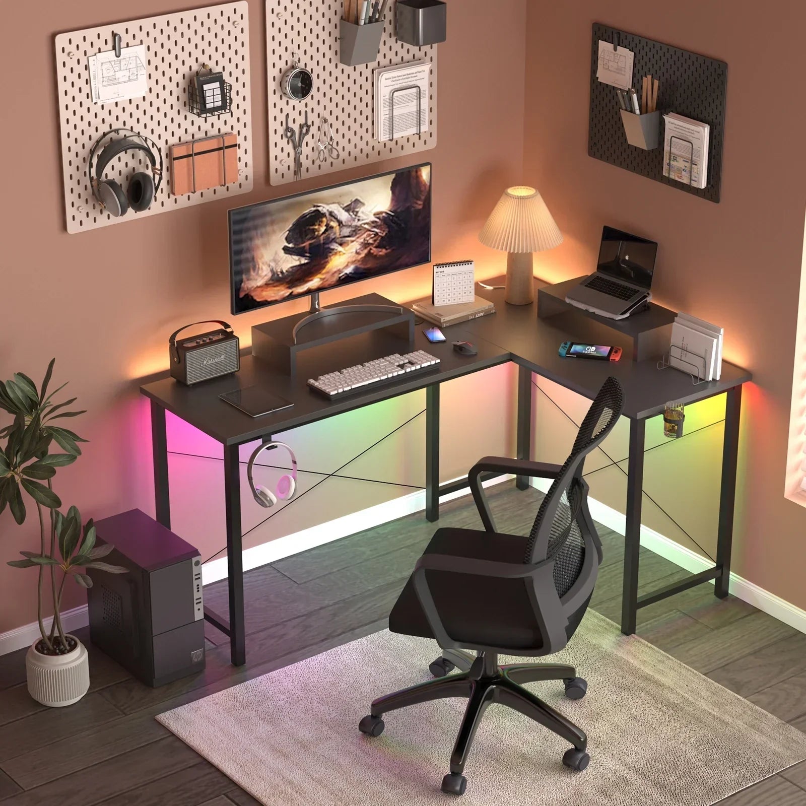 L-Shaped Gaming Desk with RGB Light and Removable Storage Stands, Black