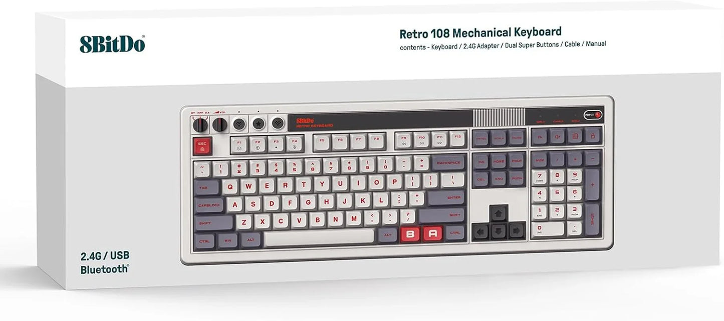 8BitDo Retro 108 mechanical keyboard box with gaming-inspired, 8-bit style keycaps