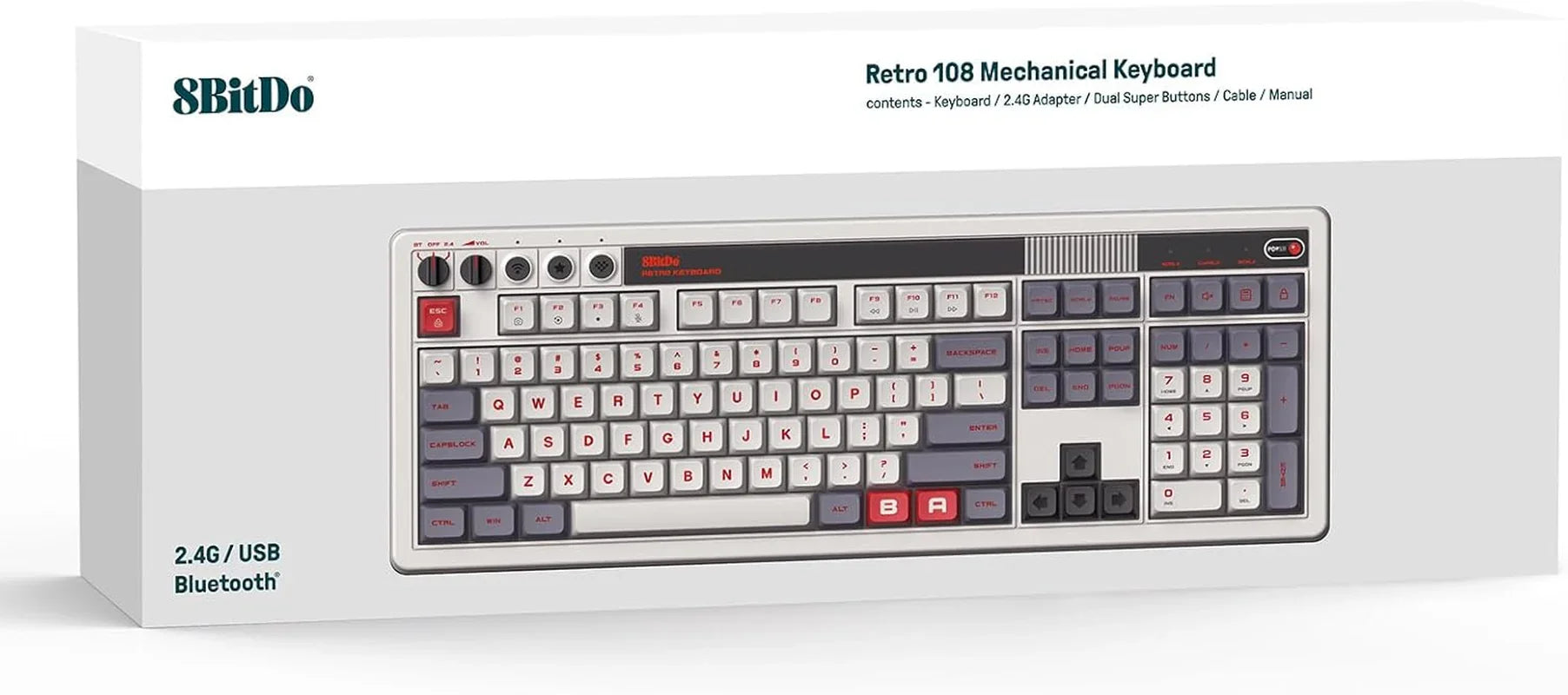 8BitDo Retro 108 mechanical keyboard box with gaming-inspired, 8-bit style keycaps
