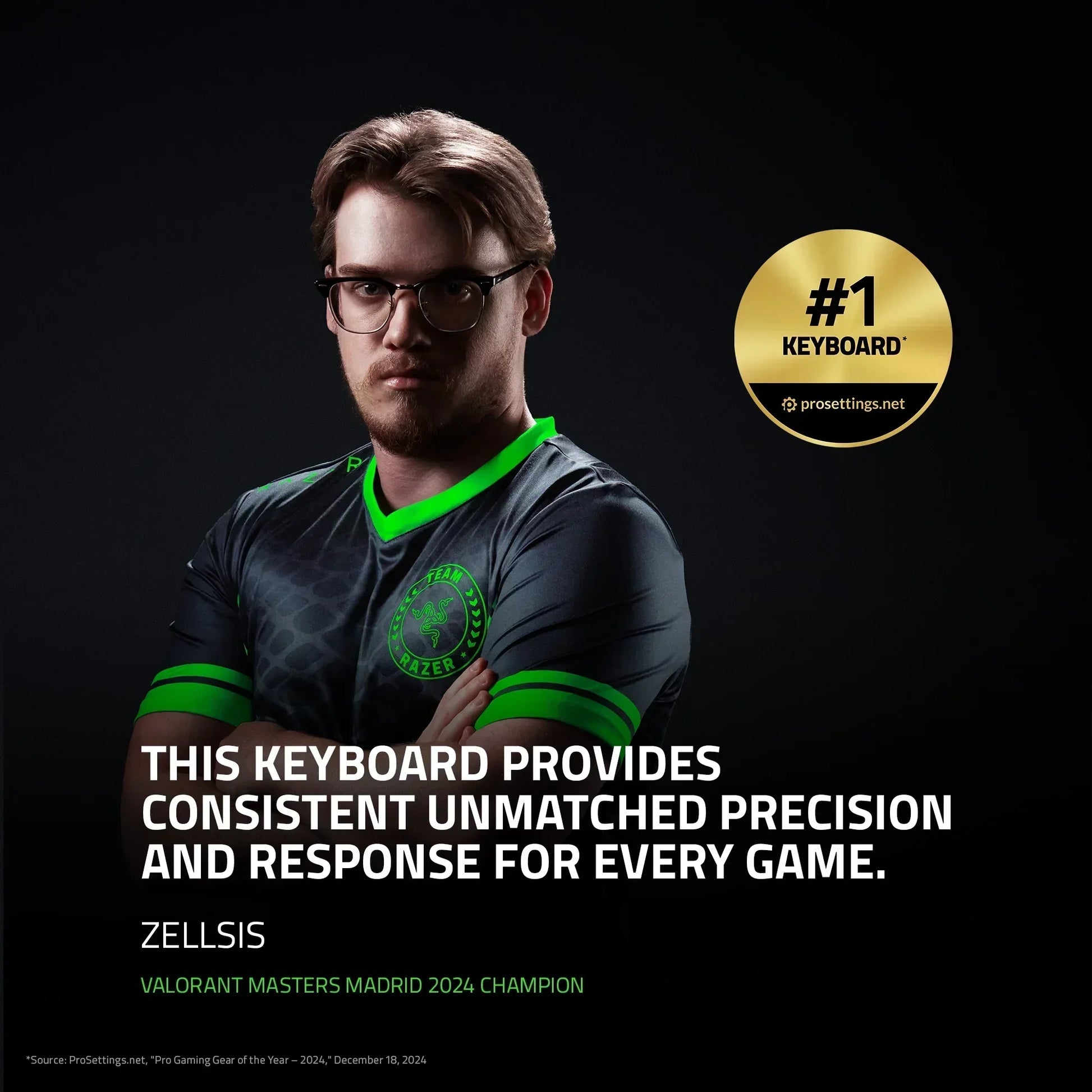 Pro gamer in Team Razer jersey endorses top-rated gaming keyboard for precision and response.