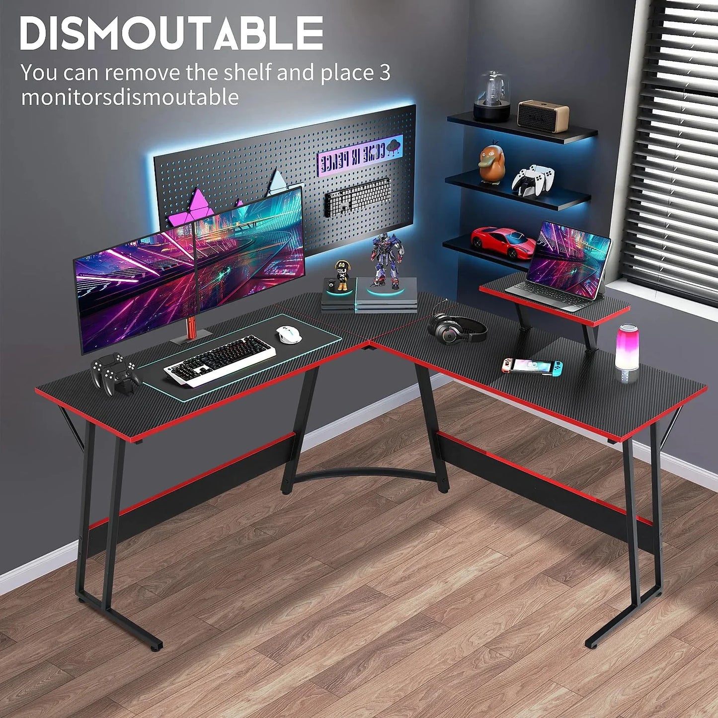 Dismountable L-shaped gaming desk with dual monitors, laptop stand, gaming accessories, and LED backlight
