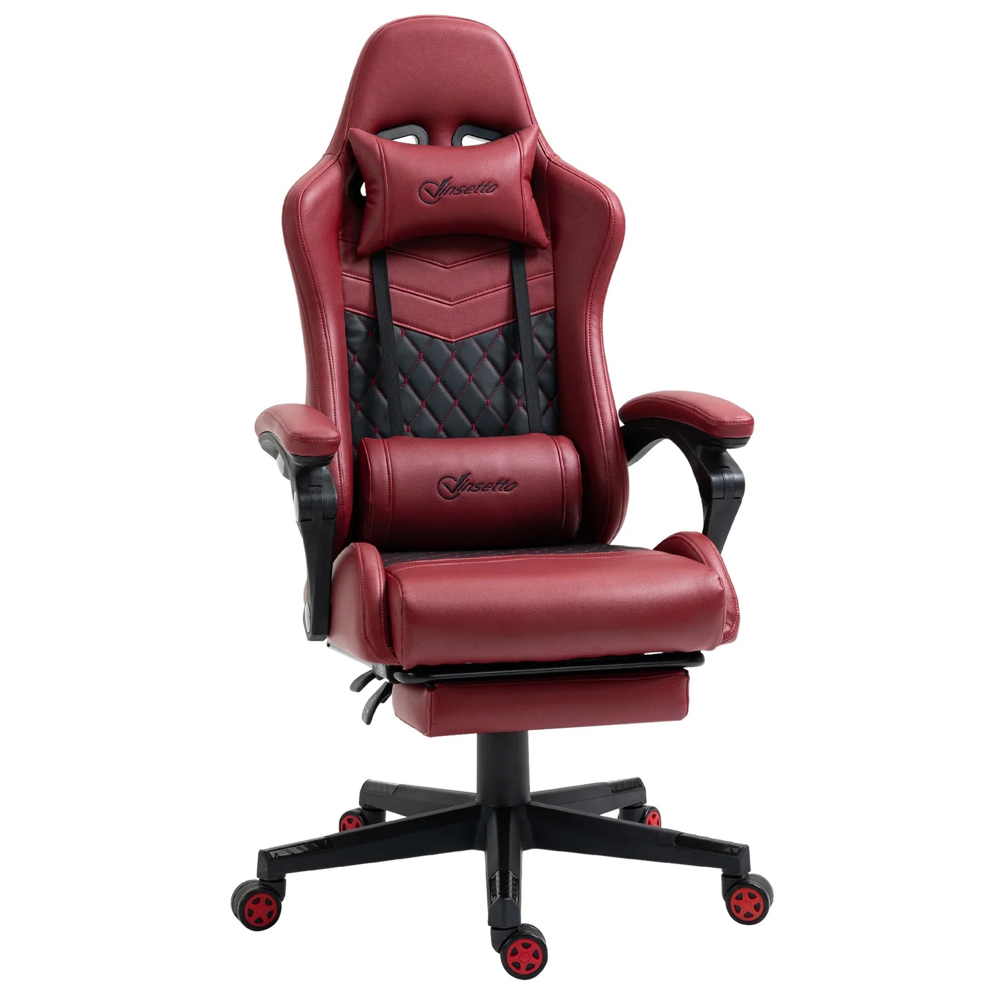 Red and black gaming chair with adjustable armrests, lumbar and neck support pillows, and caster wheels