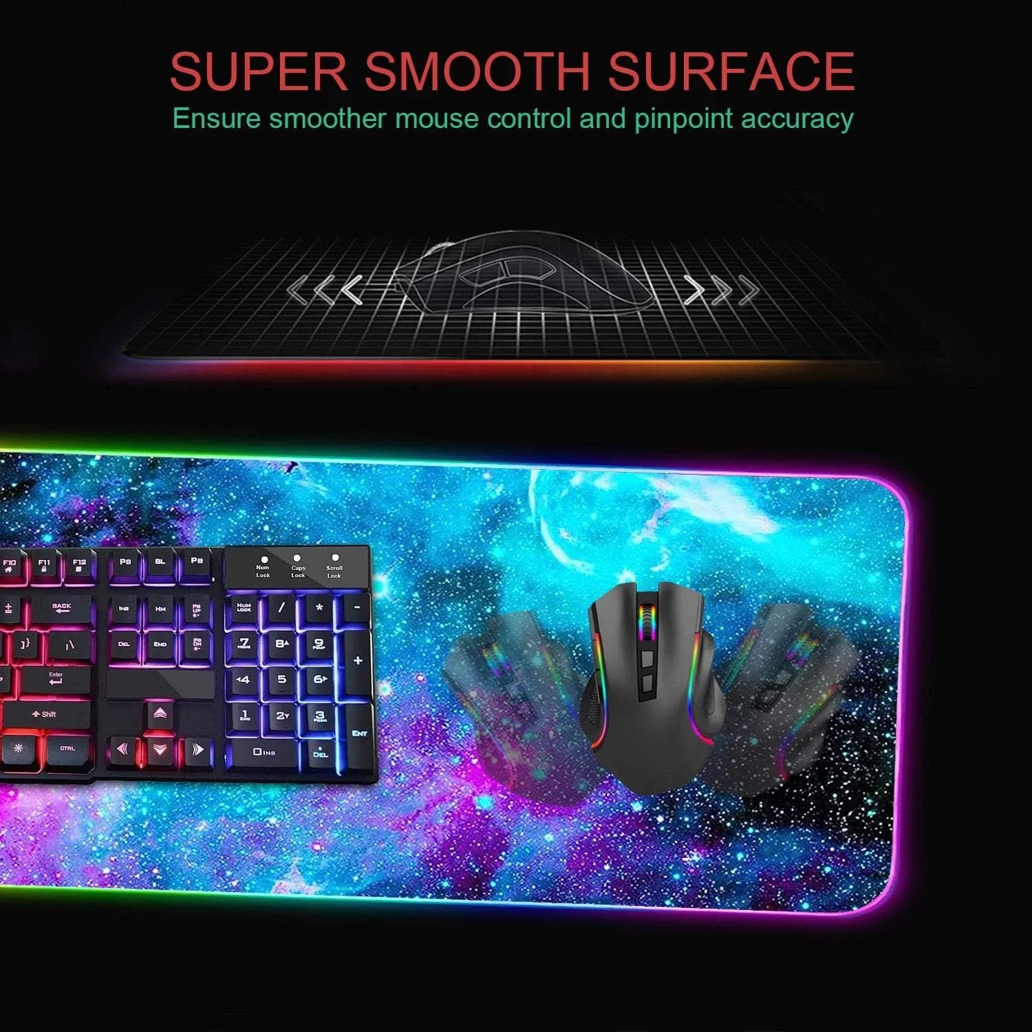 RGB gaming keyboard and mouse on galaxy-themed RGB mouse pad promoting super smooth surface for precision control