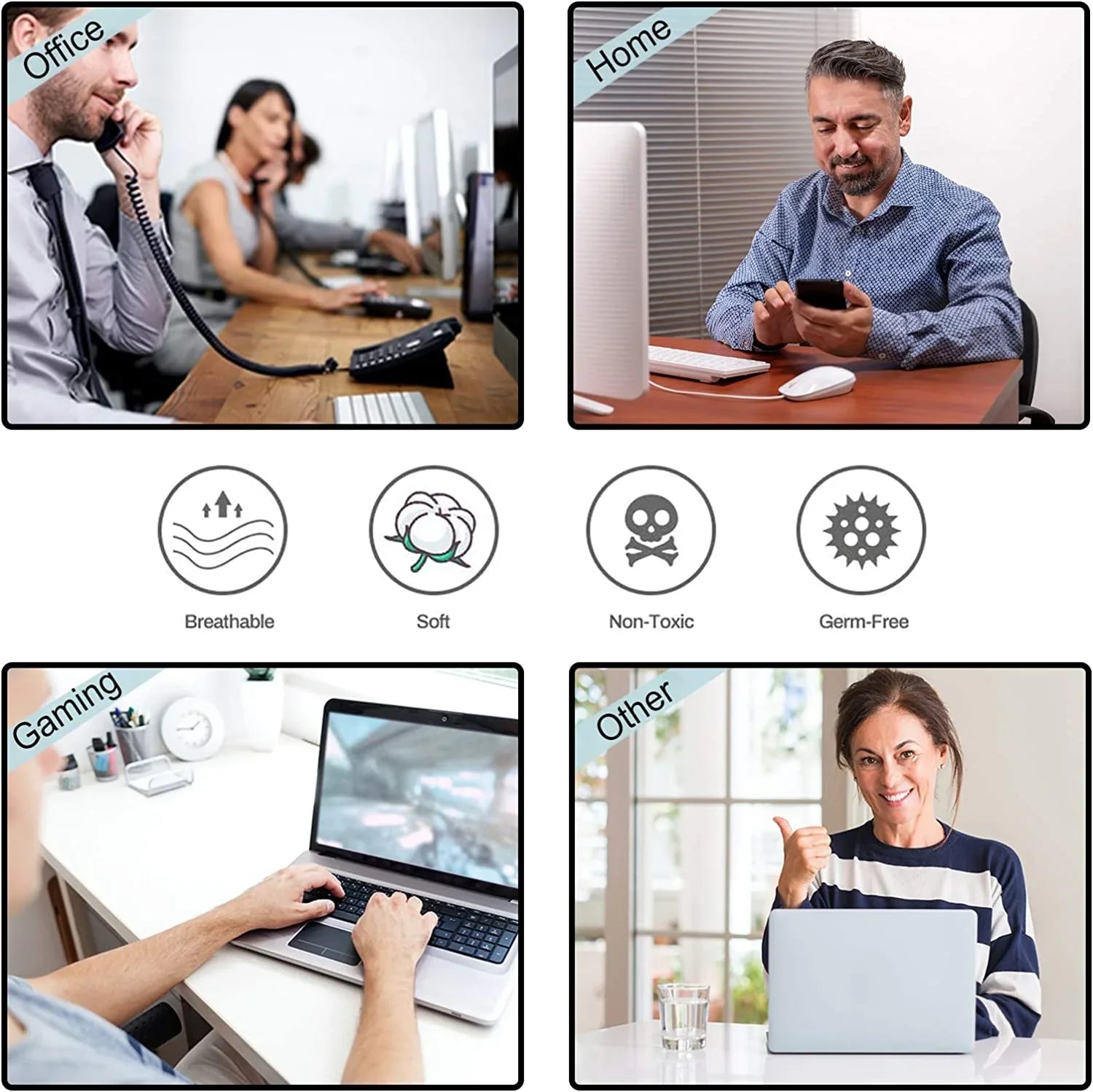 Collage showing people using computers in office, home, gaming, and other settings with icons for breathable, soft, non-toxic, germ-free features