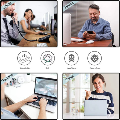 Collage showing people using computers in office, home, gaming, and other settings with icons for breathable, soft, non-toxic, germ-free features
