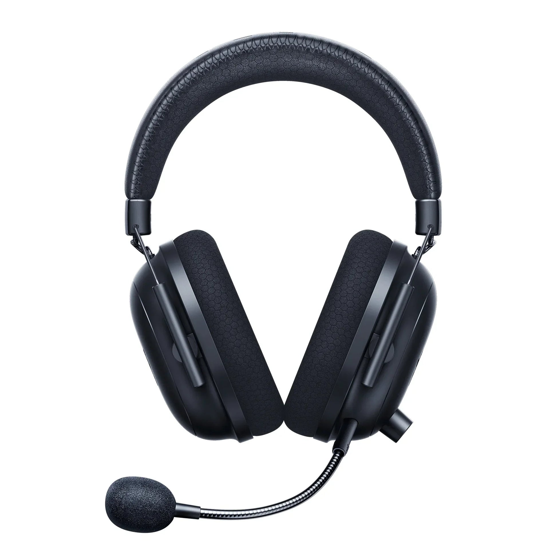 Black over-ear gaming headset with cushioned ear pads and flexible boom microphone