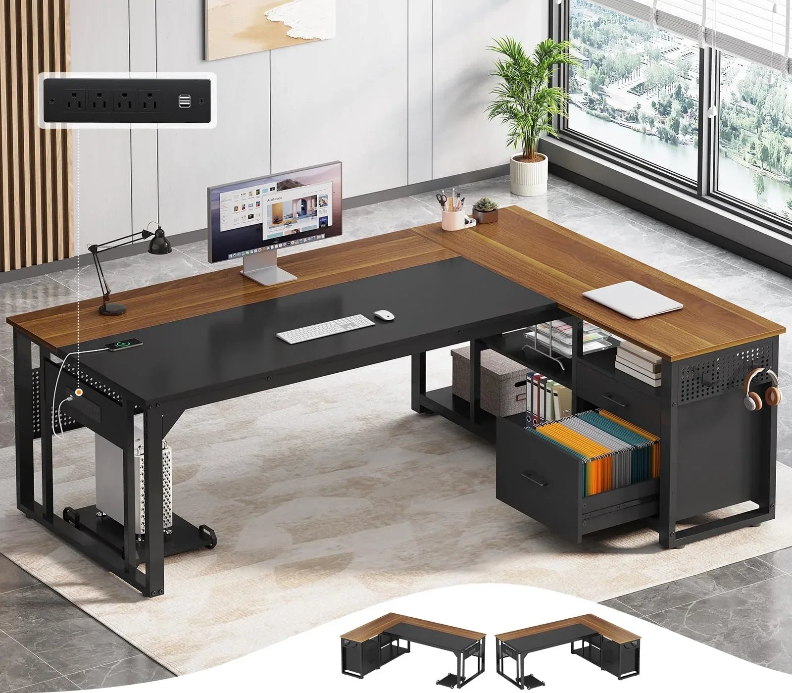 71" Executive Desk with Power Outlets, Modern L Shaped Office Desk with File Drawers and Pegboard, Large Computer Desk, Marble Black