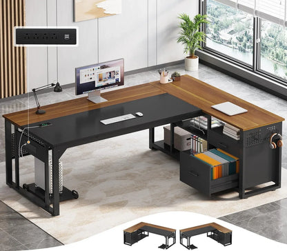 71" Executive Desk with Power Outlets, Modern L Shaped Office Desk with File Drawers and Pegboard, Large Computer Desk, Marble Black
