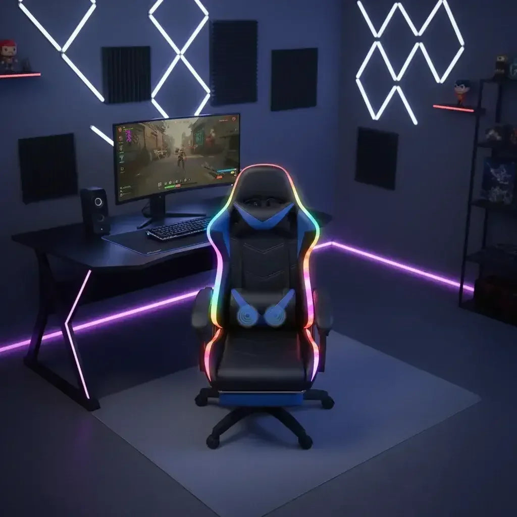 Gaming room with LED-lit ergonomic gaming chair, curved monitor, RGB desk lights, and soundproof wall panels