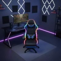 Gaming room with LED-lit ergonomic gaming chair, curved monitor, RGB desk lights, and soundproof wall panels