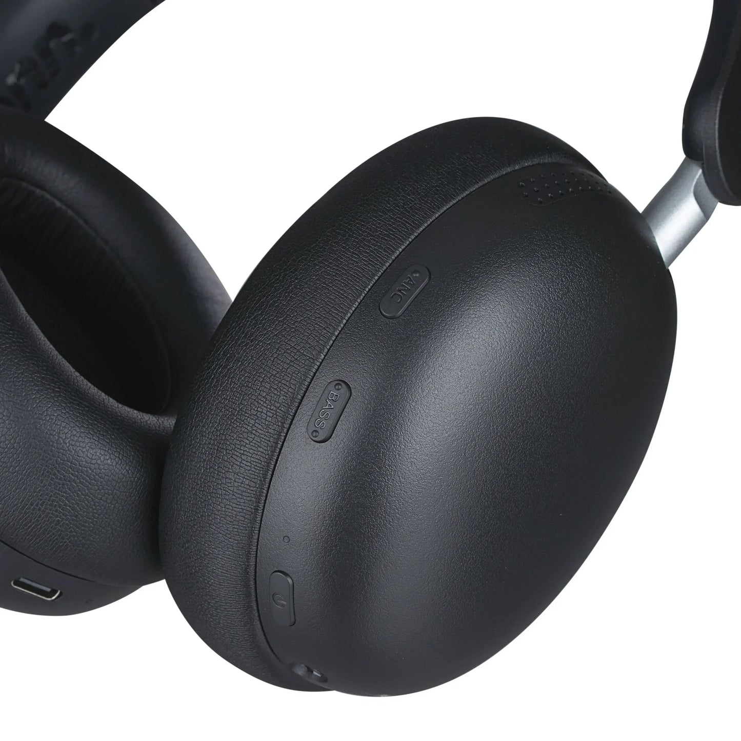 Close-up of black over-ear gaming headset with buttons for bass, ANC, and power