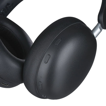 Close-up of black over-ear gaming headset with buttons for bass, ANC, and power