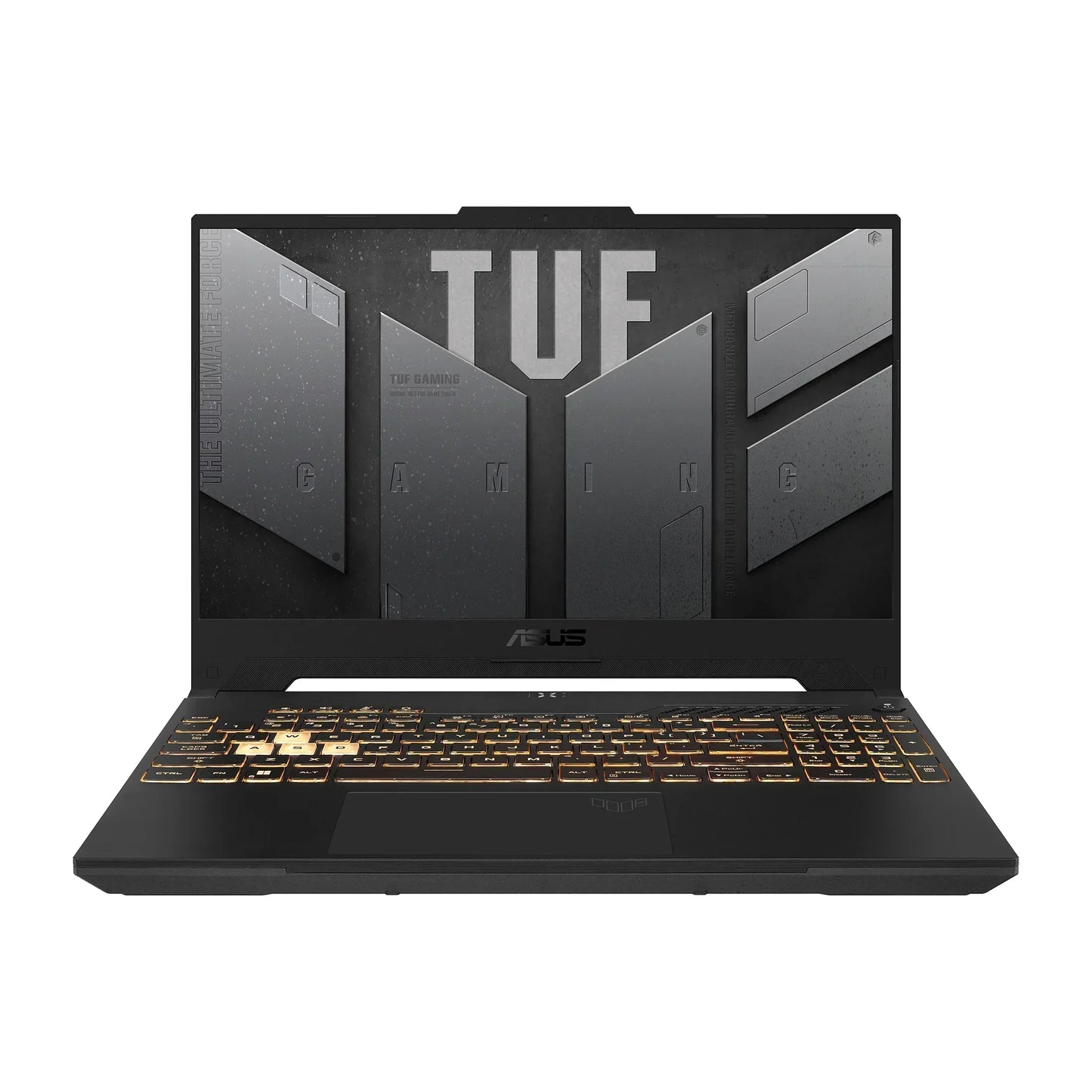 Black gaming laptop with illuminated keyboard and TUF branding on the screen.