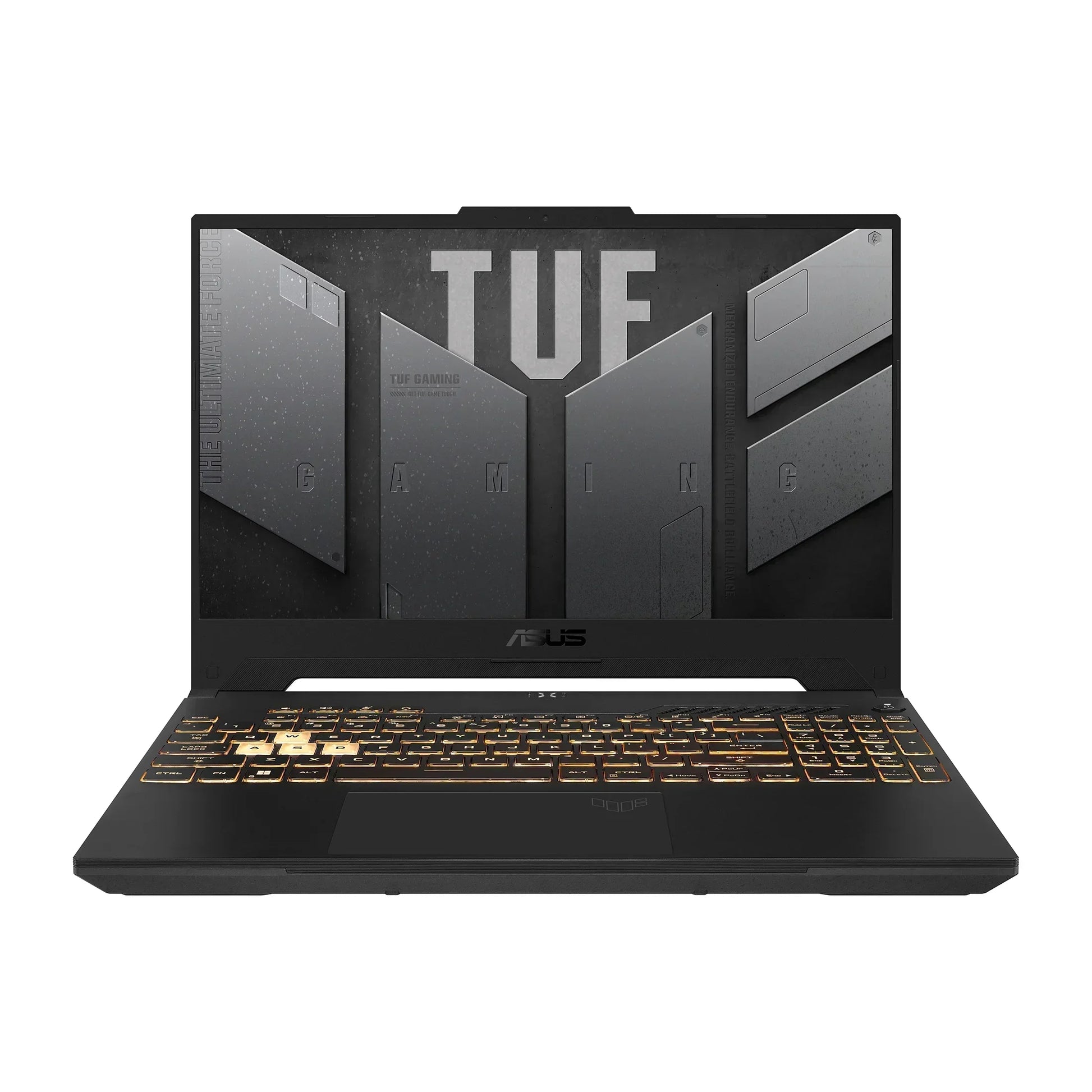 Black gaming laptop with illuminated keyboard and TUF branding on the screen.