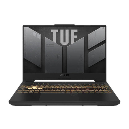 Black gaming laptop with illuminated keyboard and TUF branding on the screen.