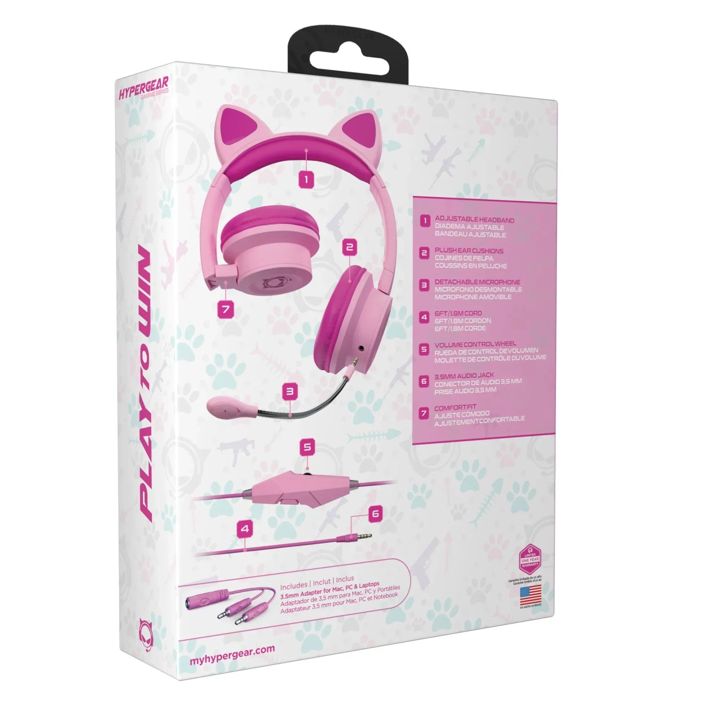 Pink cat ear gaming headset with adjustable headband, plush ear cushions, and detachable microphone