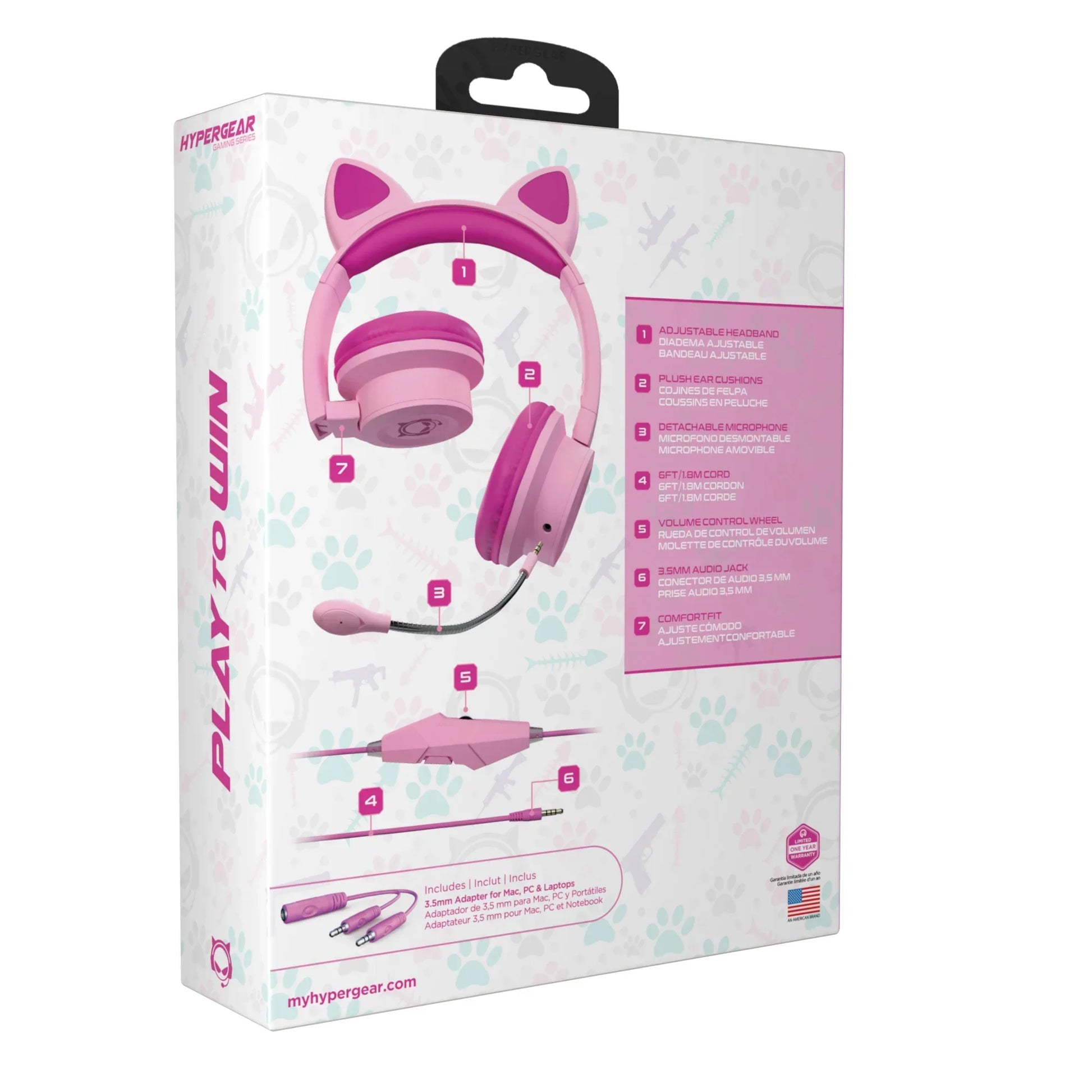 Pink cat ear gaming headset with adjustable headband, plush ear cushions, and detachable microphone