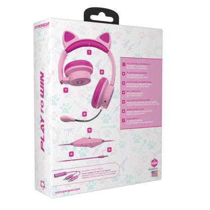 Pink cat ear gaming headset with adjustable headband, plush ear cushions, and detachable microphone