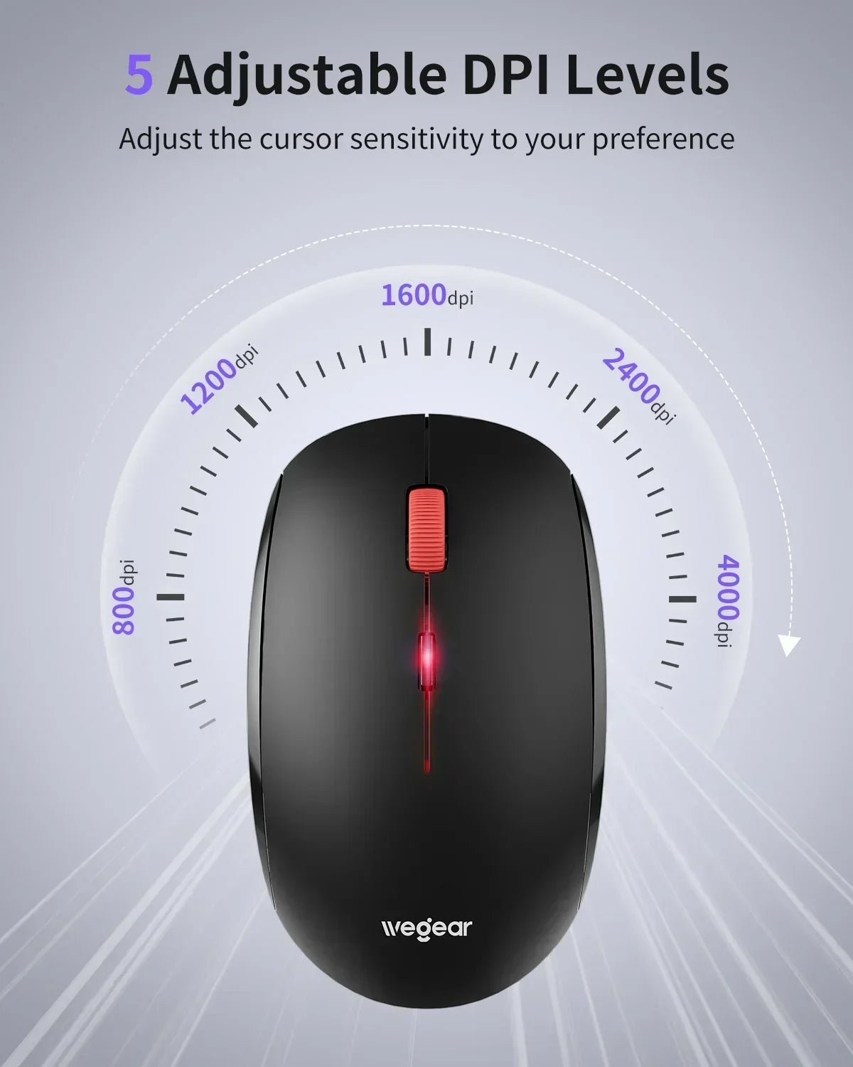 Black gaming mouse with red scroll wheel, showing 5 adjustable DPI sensitivity levels.