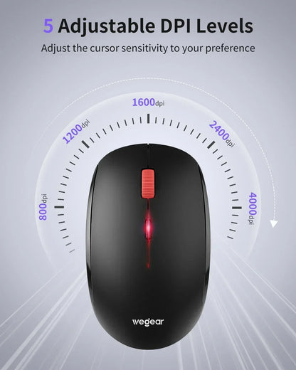 Black gaming mouse with red scroll wheel, showing 5 adjustable DPI sensitivity levels.