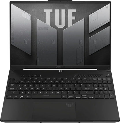 Black gaming laptop with illuminated keyboard and TUF Gaming branding on display