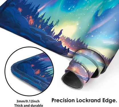 Rolled gaming mouse pad with durable 3mm thickness featuring a colorful forest and starry night design