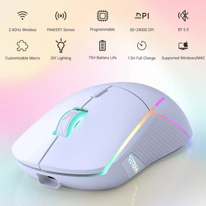 Wireless Gaming Mouse,24000Dpi Adjustable,6 Programmable Buttons,75H Battery,3 Mode 2.4Ghz/Bluetooth 5.3/USB-C Wired, Rechargeable Gaming Mice for Pc,Mac,Computer,Laptop,Tablet-White