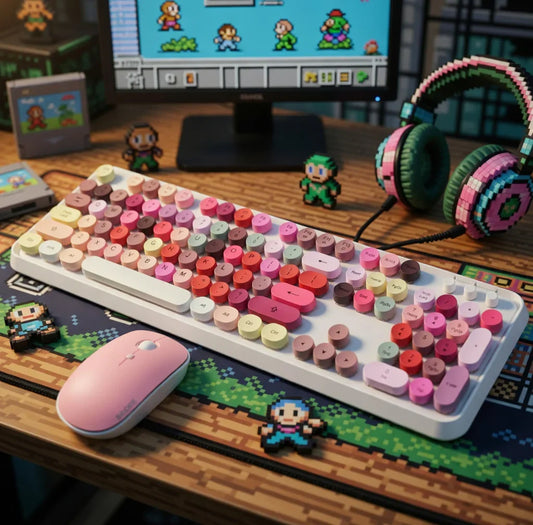MOFII Wireless Keyboard & Mouse Combo | Typewriter Round Keys | Full Size 104 Keys | 2.4GHz | 3 DPI Mouse | Pink & Red