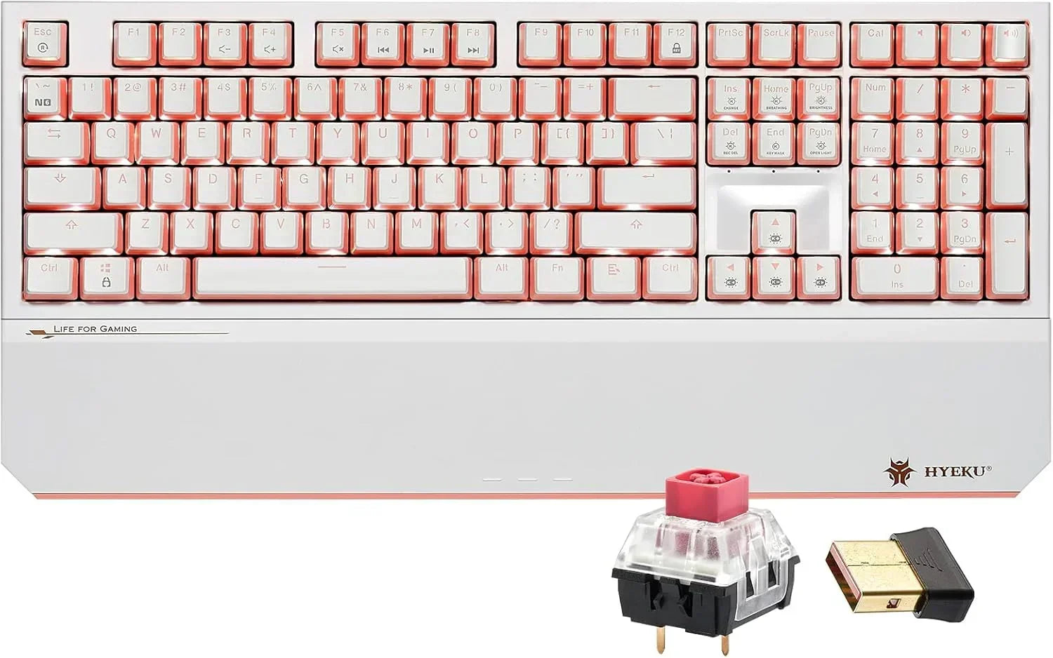 White and pink mechanical gaming keyboard with wrist rest, red switch, and USB dongle by HYEKU.