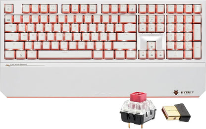 White and pink mechanical gaming keyboard with wrist rest, red switch, and USB dongle by HYEKU.