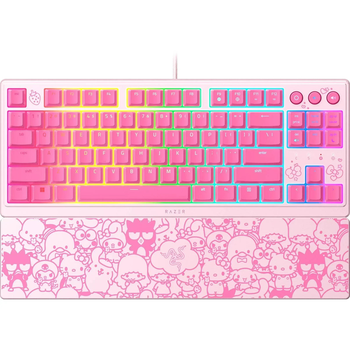 Pink Razer gaming keyboard with RGB backlighting and cartoon character wrist rest