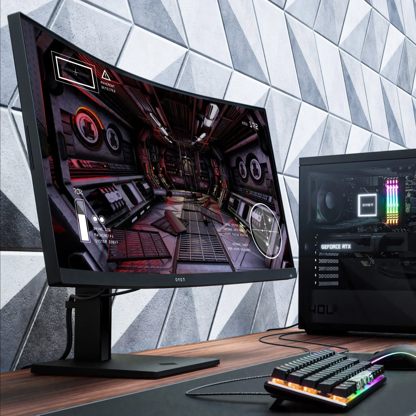 Curved OMEN gaming monitor displaying sci-fi game, RGB mechanical keyboard and PC with GeForce RTX on wood desk