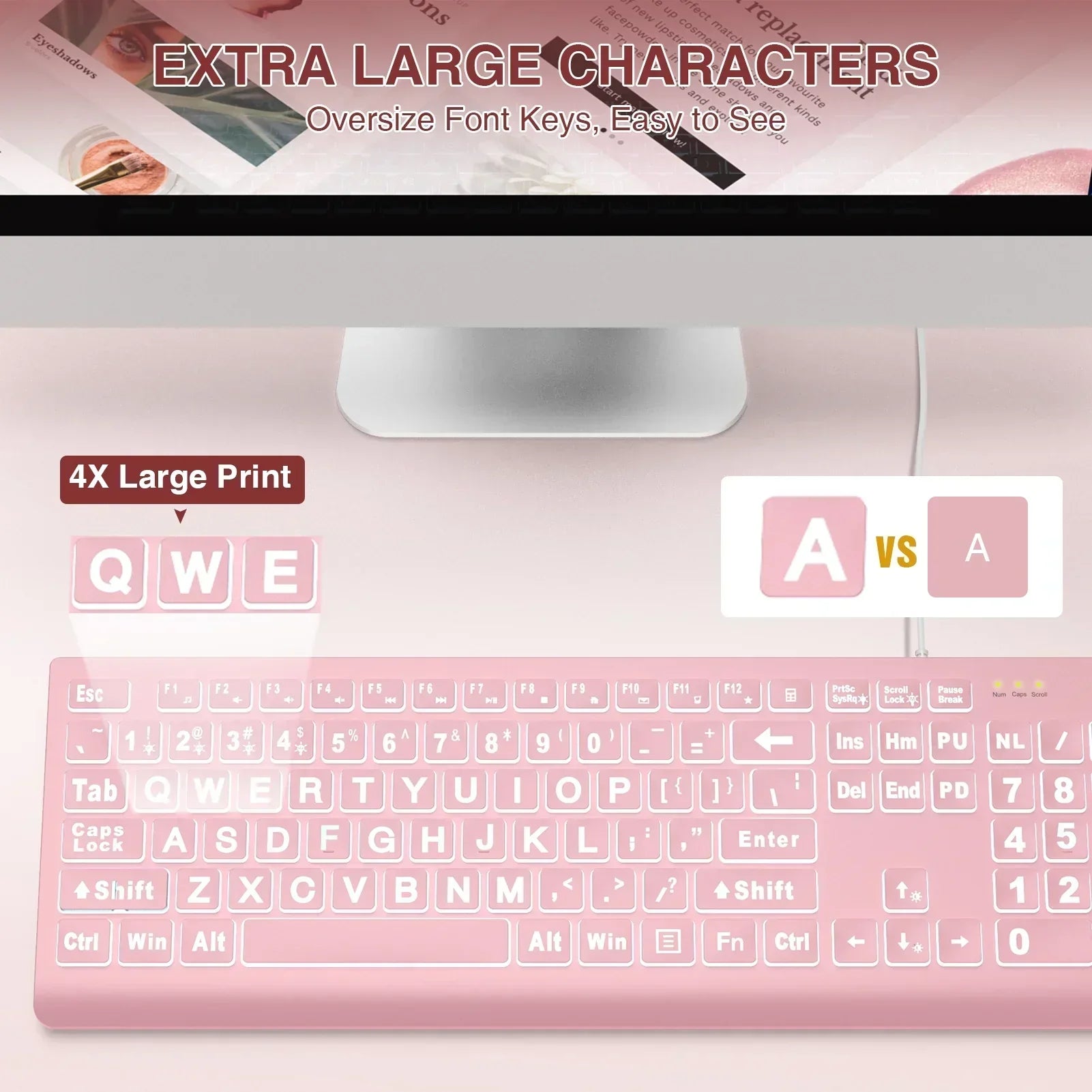 Pink keyboard with extra large characters and 4X large print keys for gaming, Byte Style