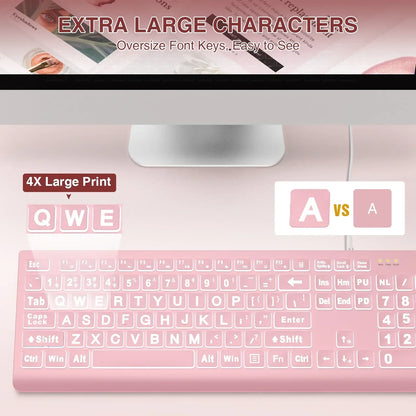 Pink keyboard with extra large characters and 4X large print keys for gaming, Byte Style