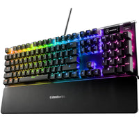 SteelSeries RGB mechanical gaming keyboard with wrist rest, rainbow backlit keys on white background