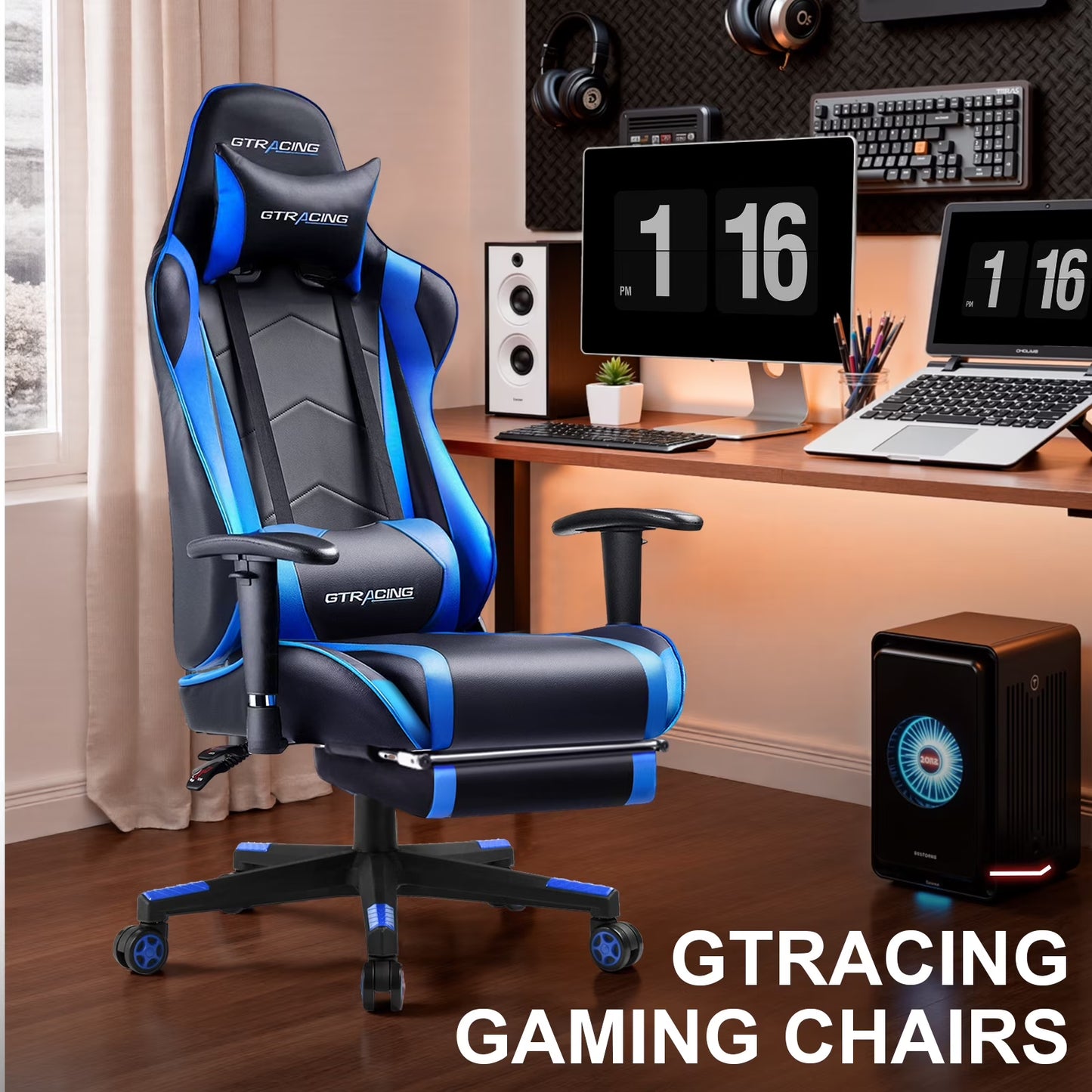 Blue and black GTRACING gaming chair with lumbar support in a modern desk setup