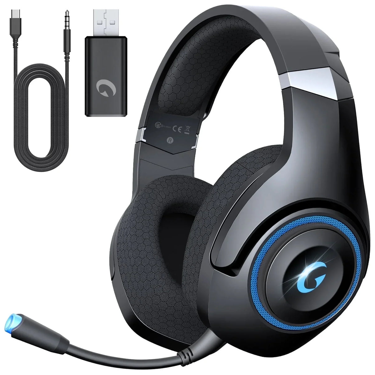 black gaming headset with illuminated blue logo, detachable microphone, USB adapter, and audio cable