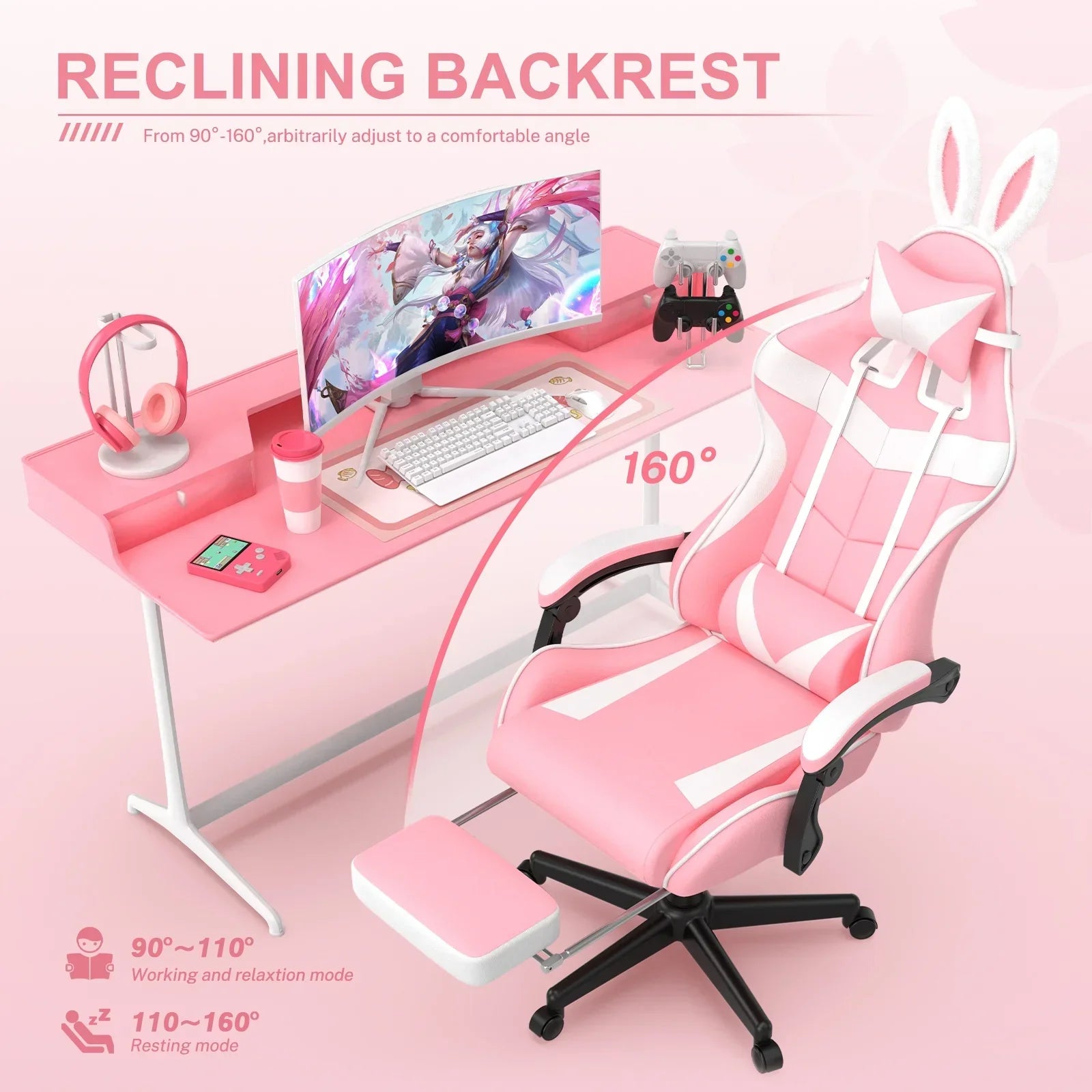 Pink and white reclining gaming chair with bunny ears and footrest next to pink gaming desk setup