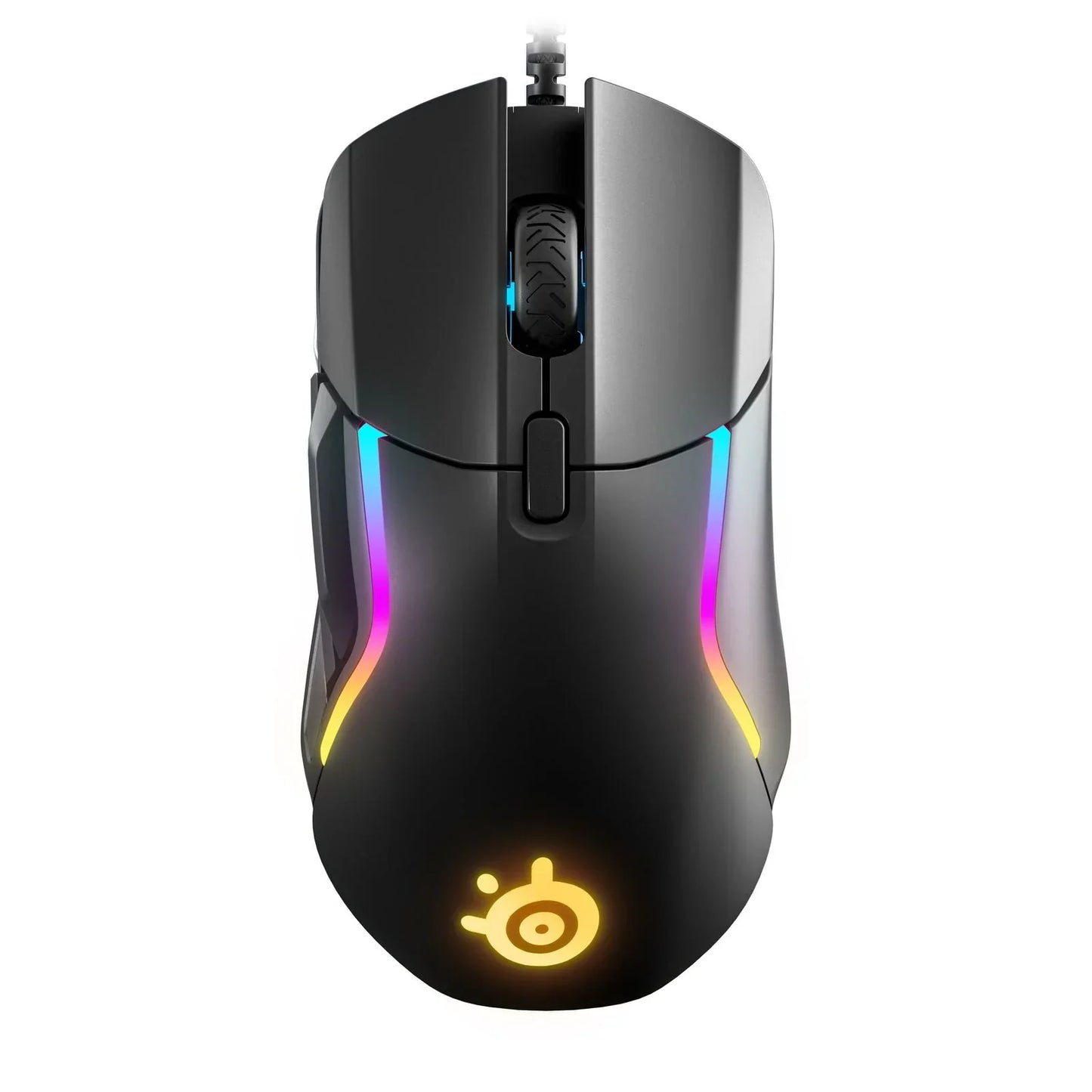 Black gaming mouse with RGB lighting and illuminated scroll wheel on white background