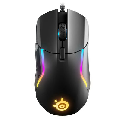 Black gaming mouse with RGB lighting and illuminated scroll wheel on white background