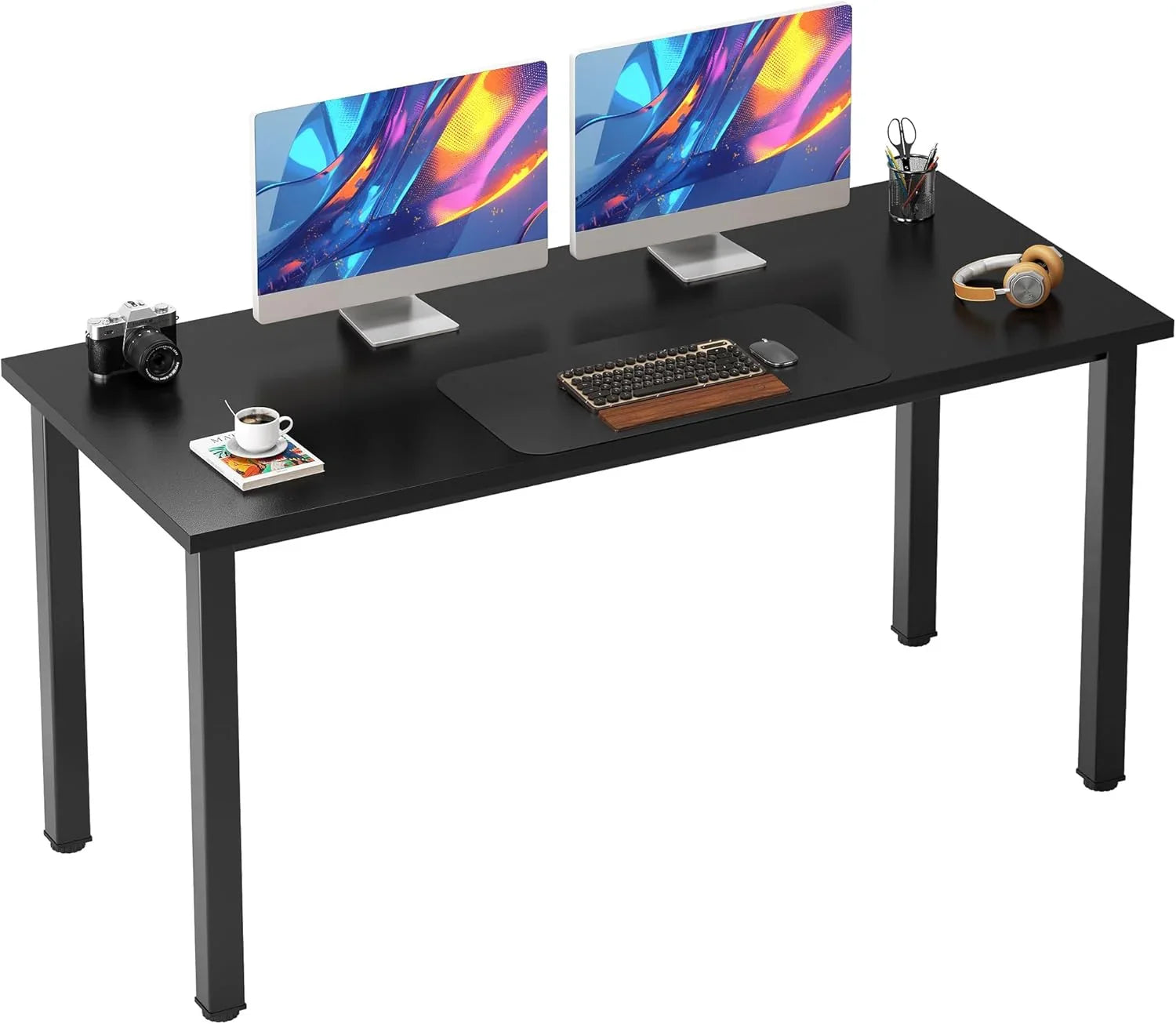 Computer Desk, 47 Inch Home Office Desk, Modern Simple Style Home Office Gaming Desk, Basic Writing Table for Study Student, Black Metal Frame, Black