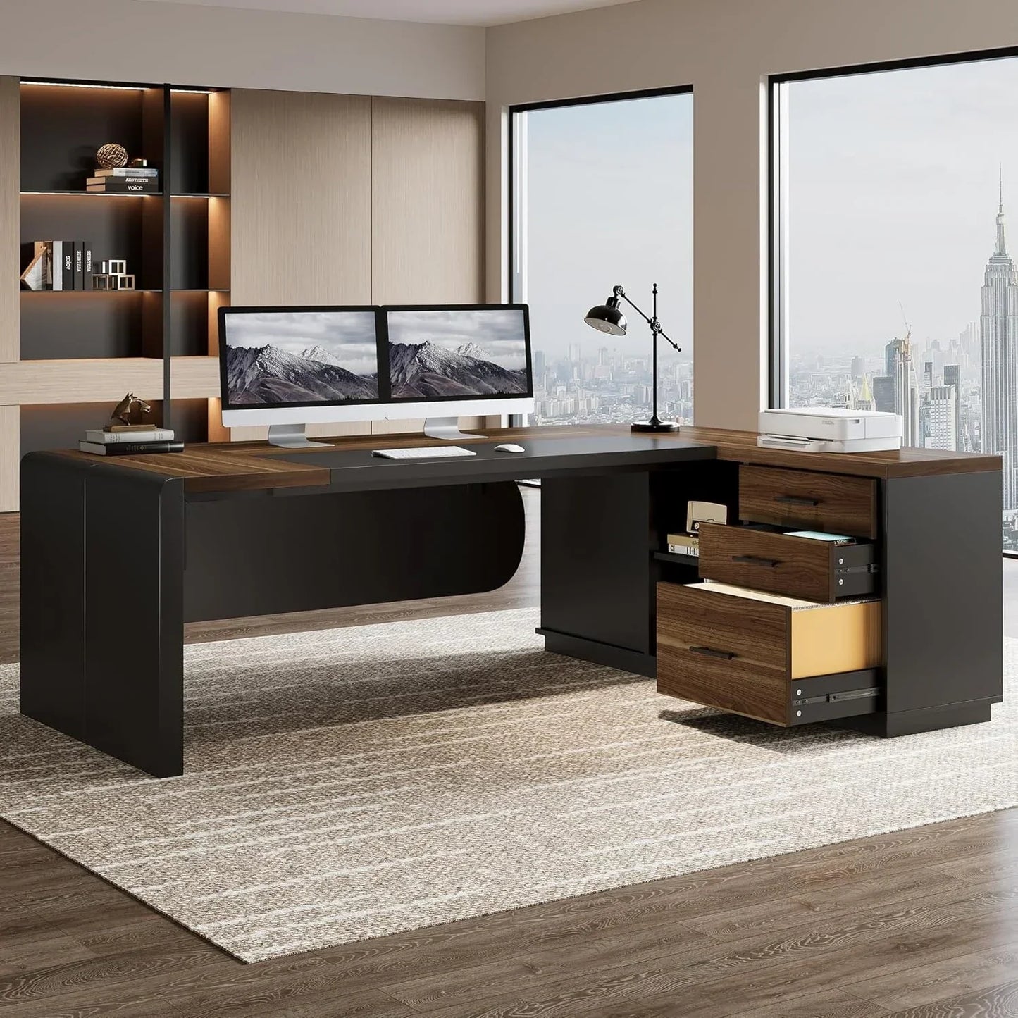 80 Inches Executive Desk, L-Shaped Office Desk with 55 Inches Cabine