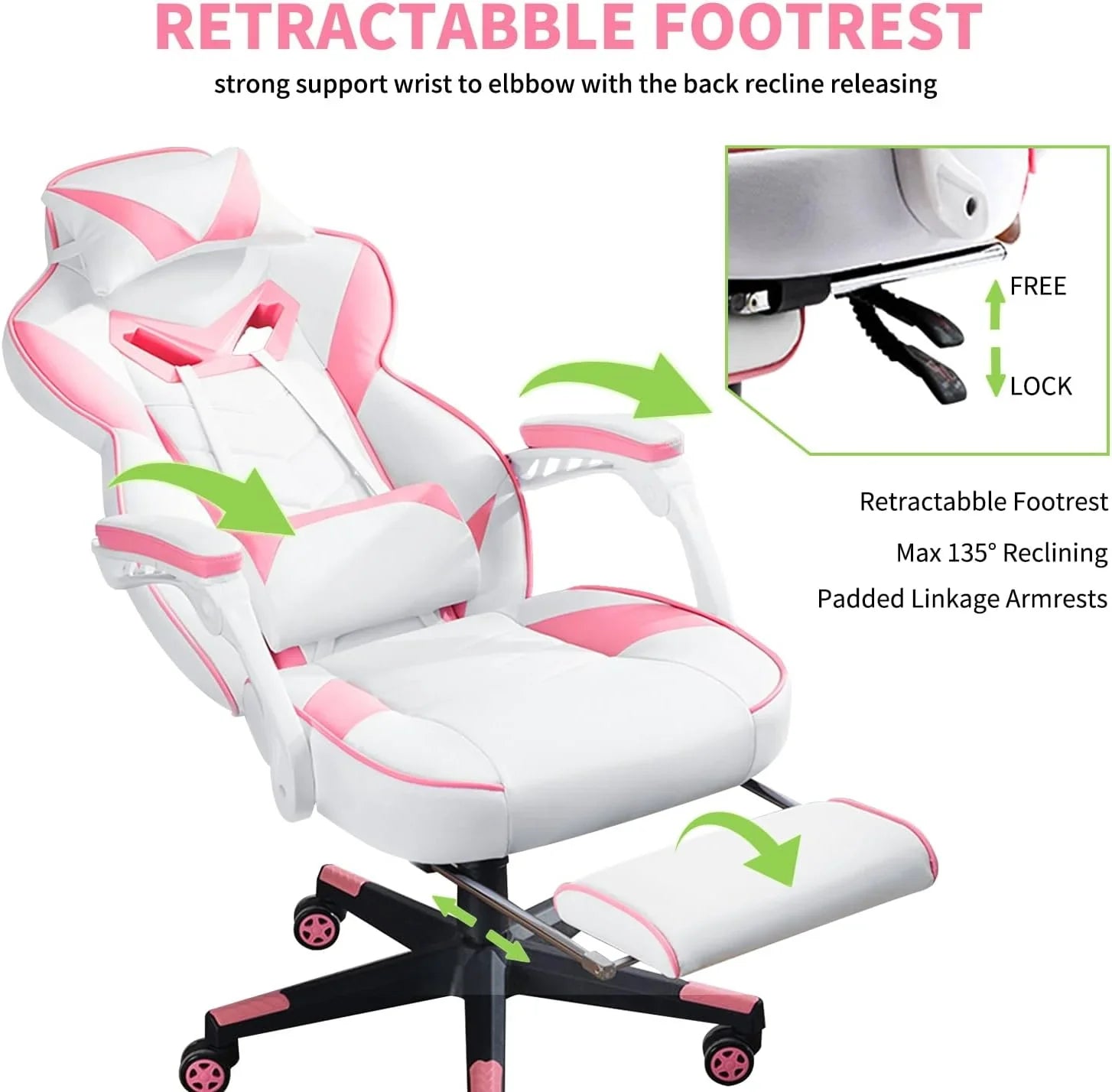 White and pink gaming chair with retractable footrest, padded armrests, and adjustable reclining feature