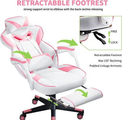 White and pink gaming chair with retractable footrest, padded armrests, and adjustable reclining feature