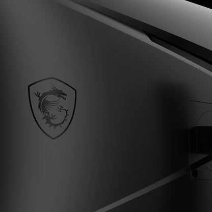 close-up of black gaming monitor back with MSI dragon shield logo and angular design elements