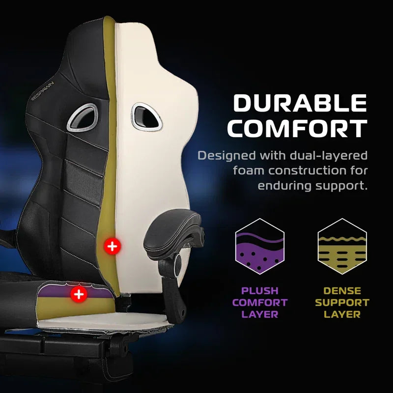 Gaming chair with dual-layer foam for durable comfort, plush comfort layer and dense support layer