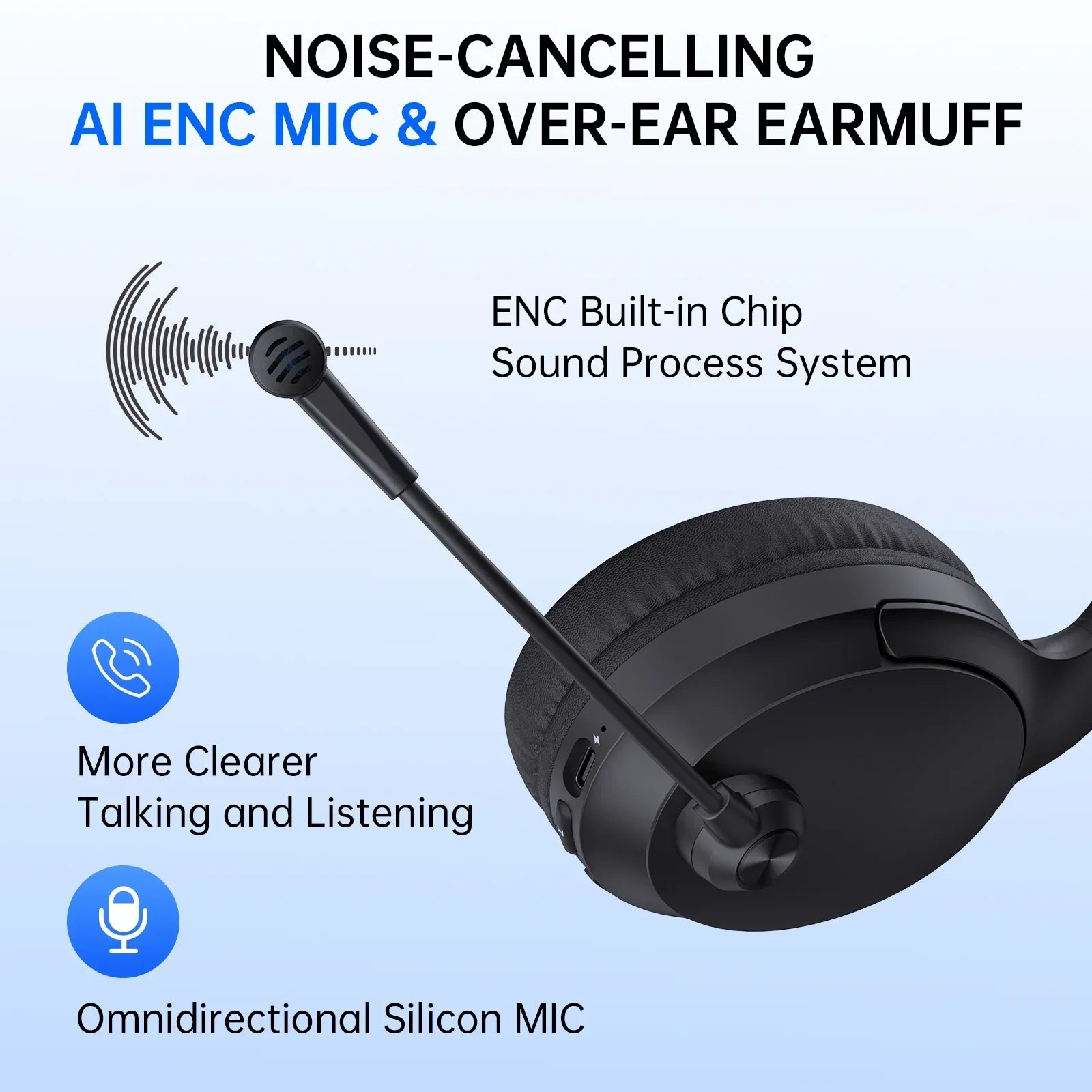 Wireless Headset with Mic AI Noise Cancelling for Work, Bluetooth V5.3 Headphones with Microphone for Computer Laptop PC Phone, Black