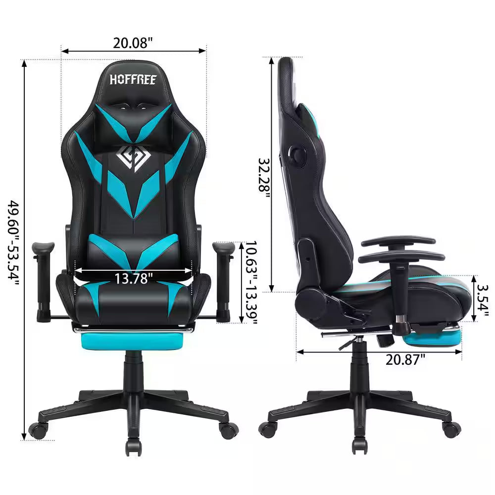 Black and blue gaming chair with dimensions, ergonomic design, adjustable armrests, and lumbar support for PC setup