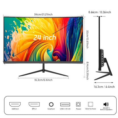 24-inch slim computer monitor with colorful screen, dimensions, ports including HDMI, USB, headphone, and speakers