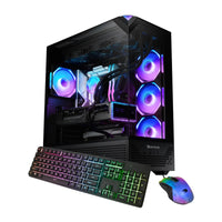 Gaming PC tower with RGB cooling fans, transparent side panel, RGB keyboard and mouse set